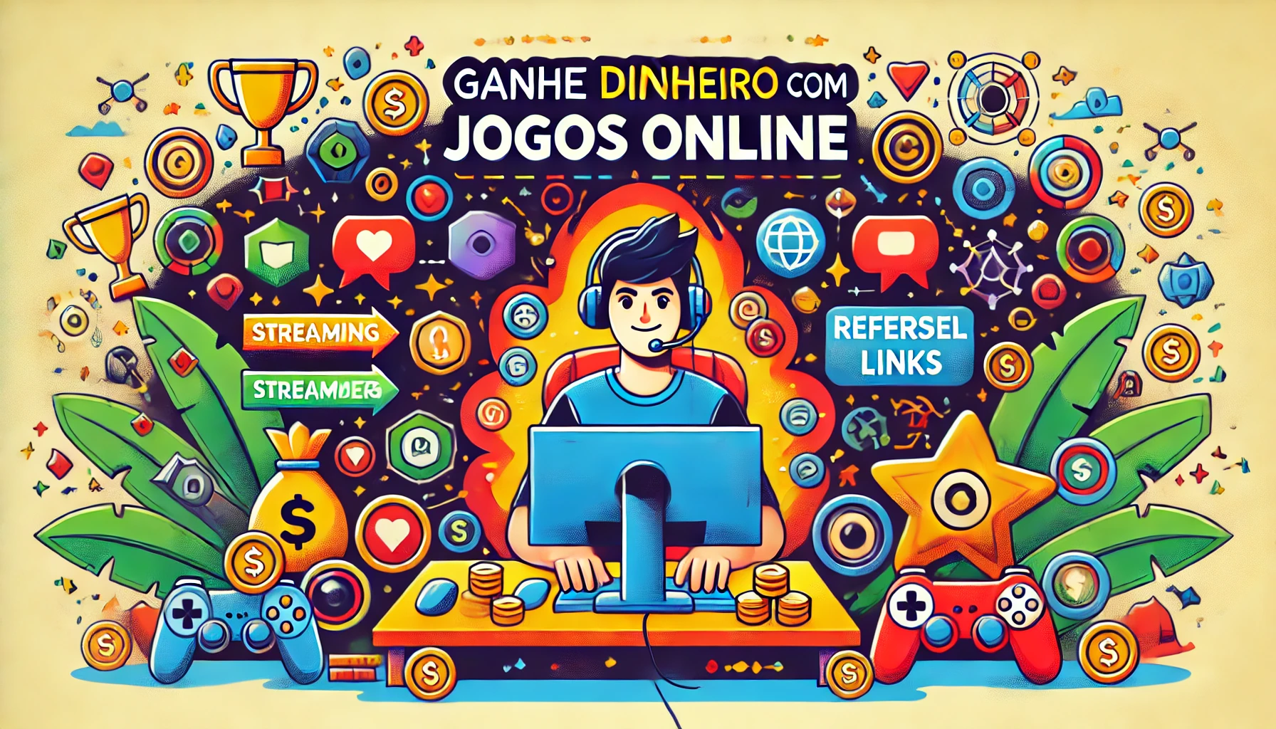 DALL·E 2024-10-13 15.07.17 – An engaging and colorful image illustrating how to make money playing online games. The image features a gamer sitting in front of a computer with var