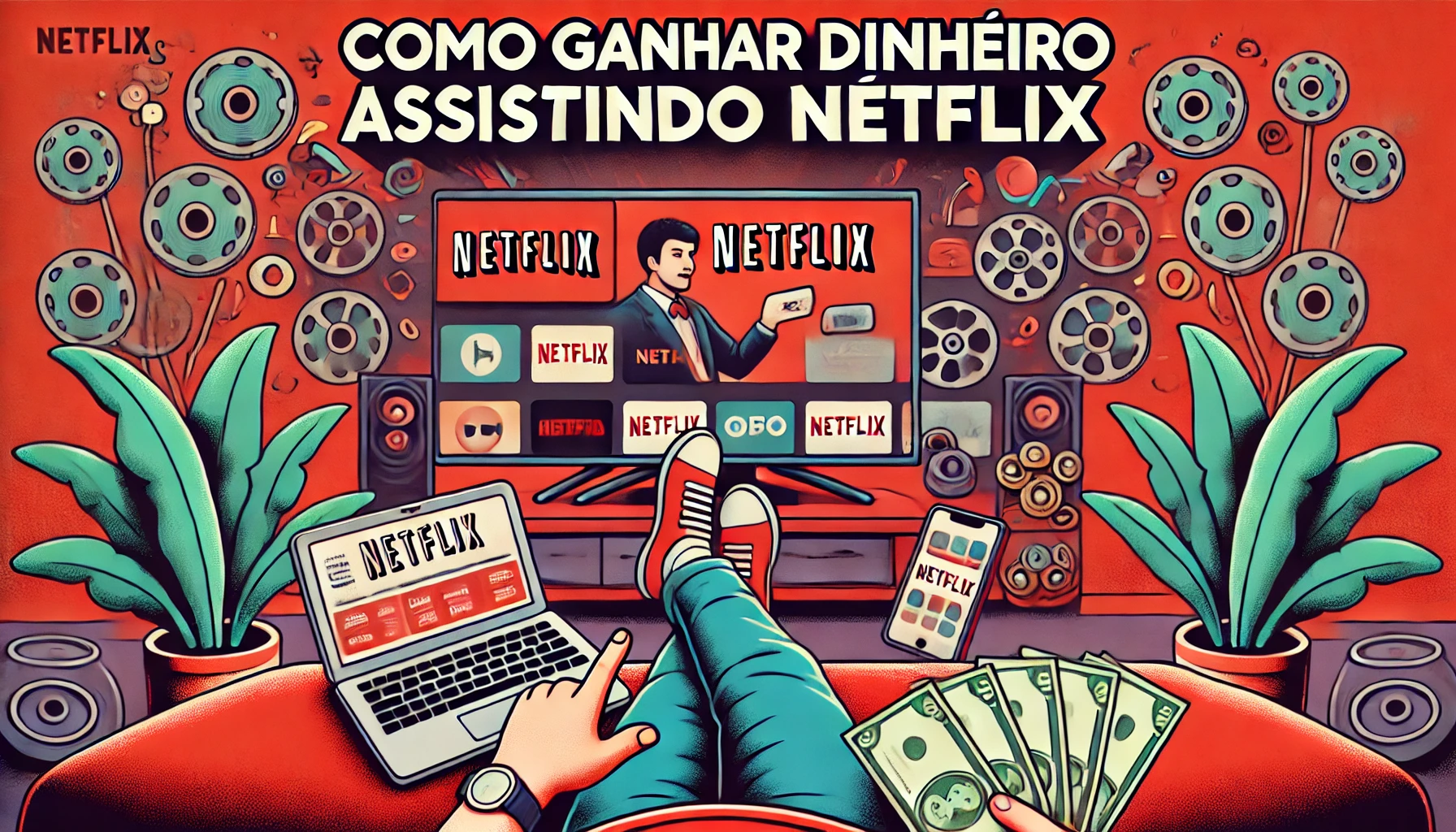 DALL·E 2024-10-13 16.28.13 – Uma imagem educativa em português sobre como ganhar dinheiro assistindo Netflix. A imagem inclui o logo da Netflix, uma pessoa relaxando no sofá com l