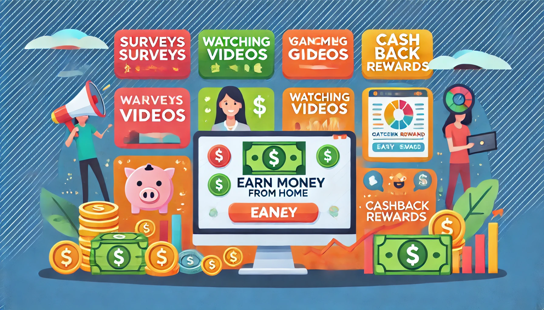 DALL·E 2024-10-13 16.43.18 – A colorful and engaging rectangular illustration showing different ways to earn money online from home. Include icons for surveys, watching videos, pl