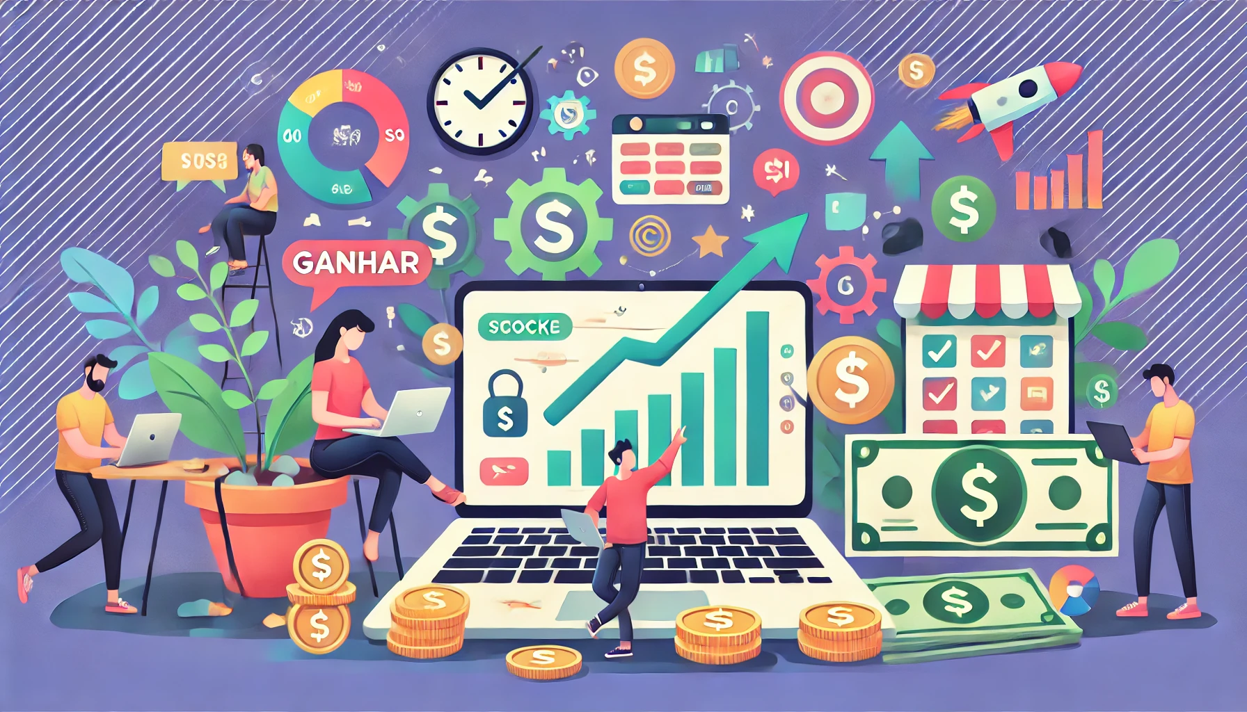 DALL·E 2024-10-13 16.51.10 – Uma imagem ilustrativa sobre ganhar dinheiro online, com elementos como um laptop, pessoas trabalhando de casa, gráficos de crescimento, moedas e nota