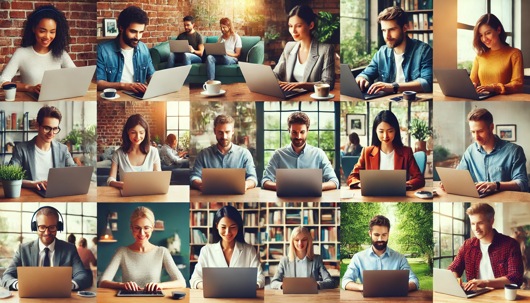 DALL·E 2024-10-13 17.11.54 – A diverse group of people working remotely on their laptops, each in a different setting like a home office, coffee shop, and park. They are focused o