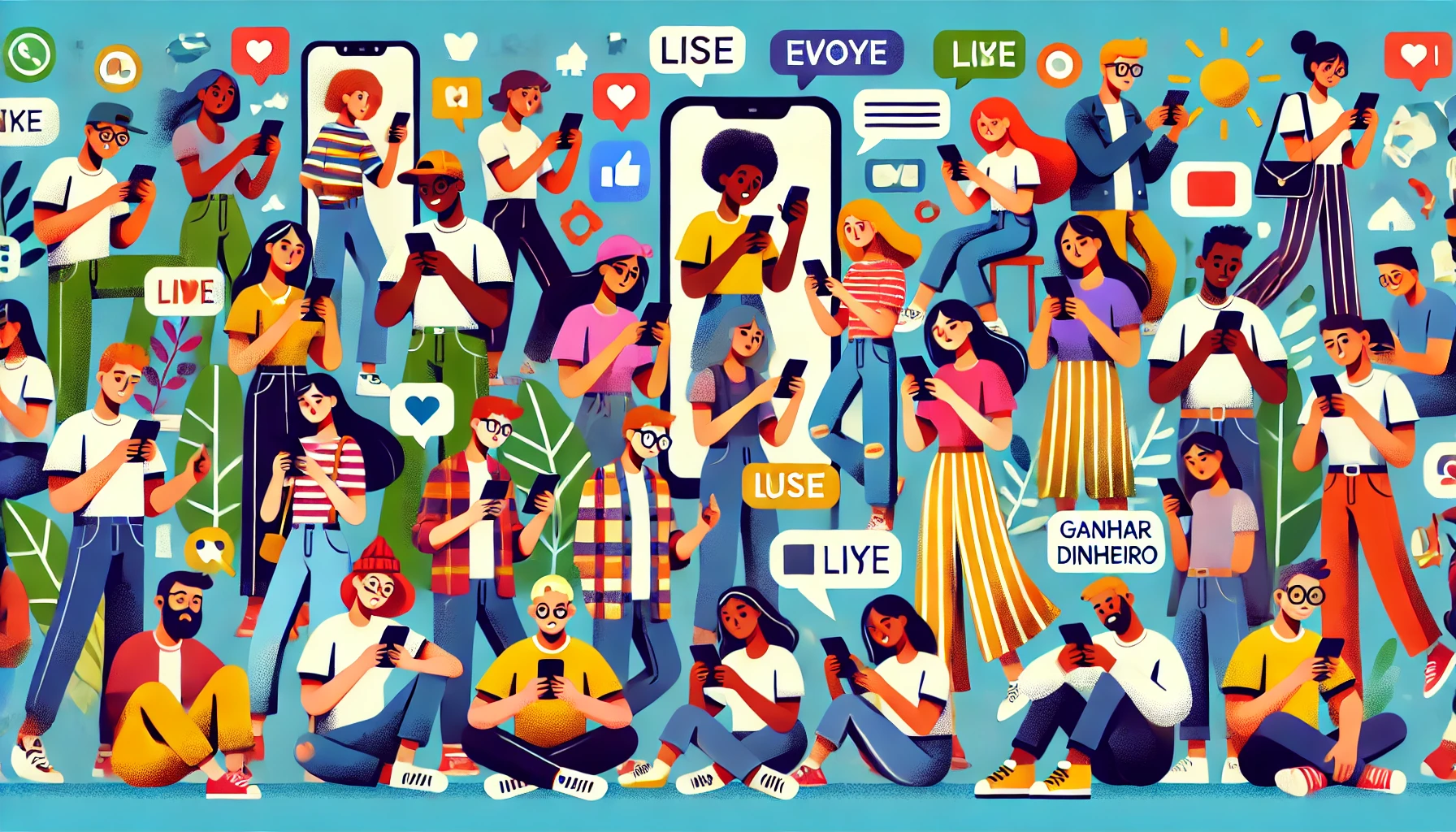 DALL·E 2024-10-13 17.19.39 – Uma ilustração colorida mostrando diversas pessoas usando seus smartphones em diferentes ambientes. As pessoas são de diferentes idades e etnias, cada