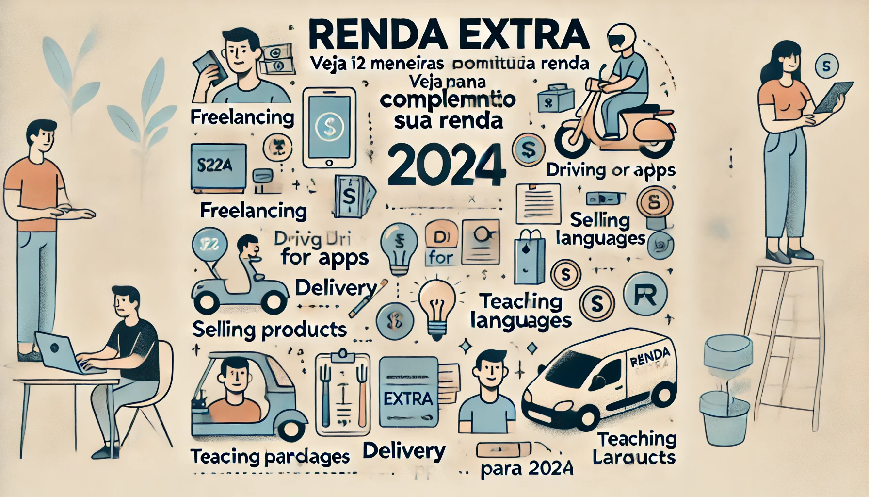 DALL·E 2024-10-13 18.53.27 - A simple and engaging illustration for a blog post about making extra income in 2024. The image features key icons representing activities like freela