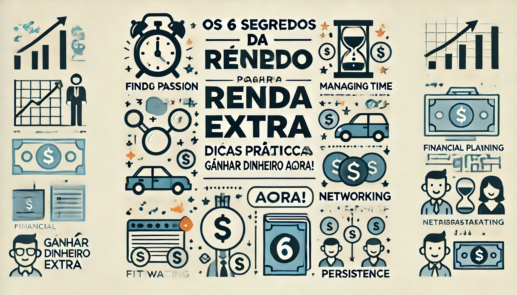 DALL·E 2024-10-13 18.57.28 – A simple and engaging illustration for a blog post titled ‘Os 6 Segredos Da Renda Extra – Dicas Práticas Para Ganhar Dinheiro Agora!’. The image featu