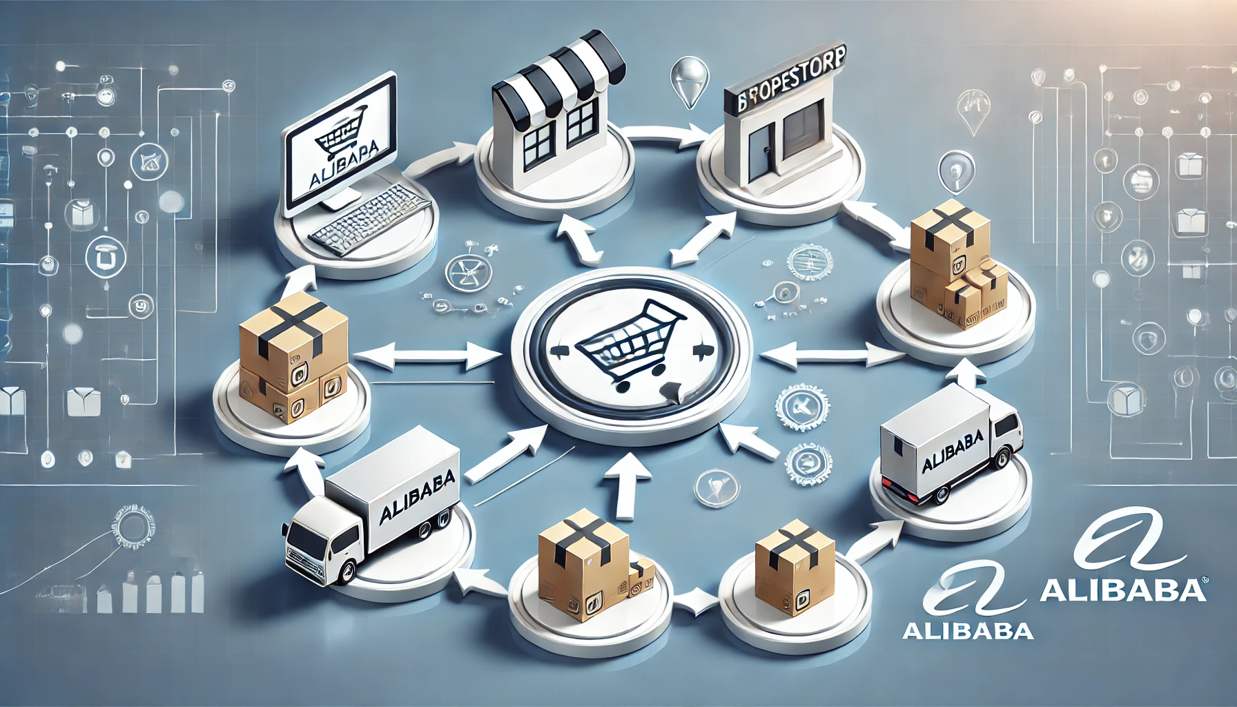 DALL·E 2024-10-14 09.05.58 – A professional and clean visual illustration of a dropshipping business model using Alibaba. The image shows a clear flowchart from an online store to