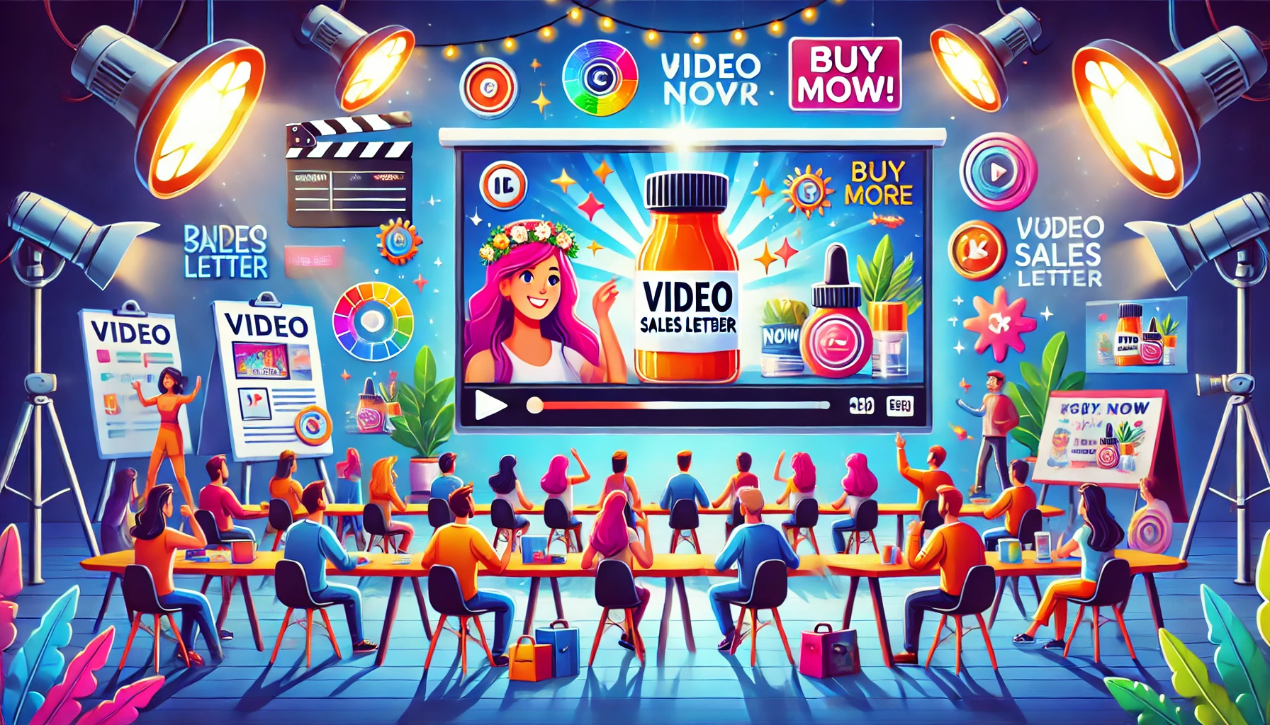 VSL: O que é Video Sales Letter e como criar o seu para alavancar as vendas DALL·E 2024-10-14 11.03.14 - A vibrant and engaging scene showcasing the concept of a Video Sales Letter (VSL). The image features a lively animated video playing on a large scree