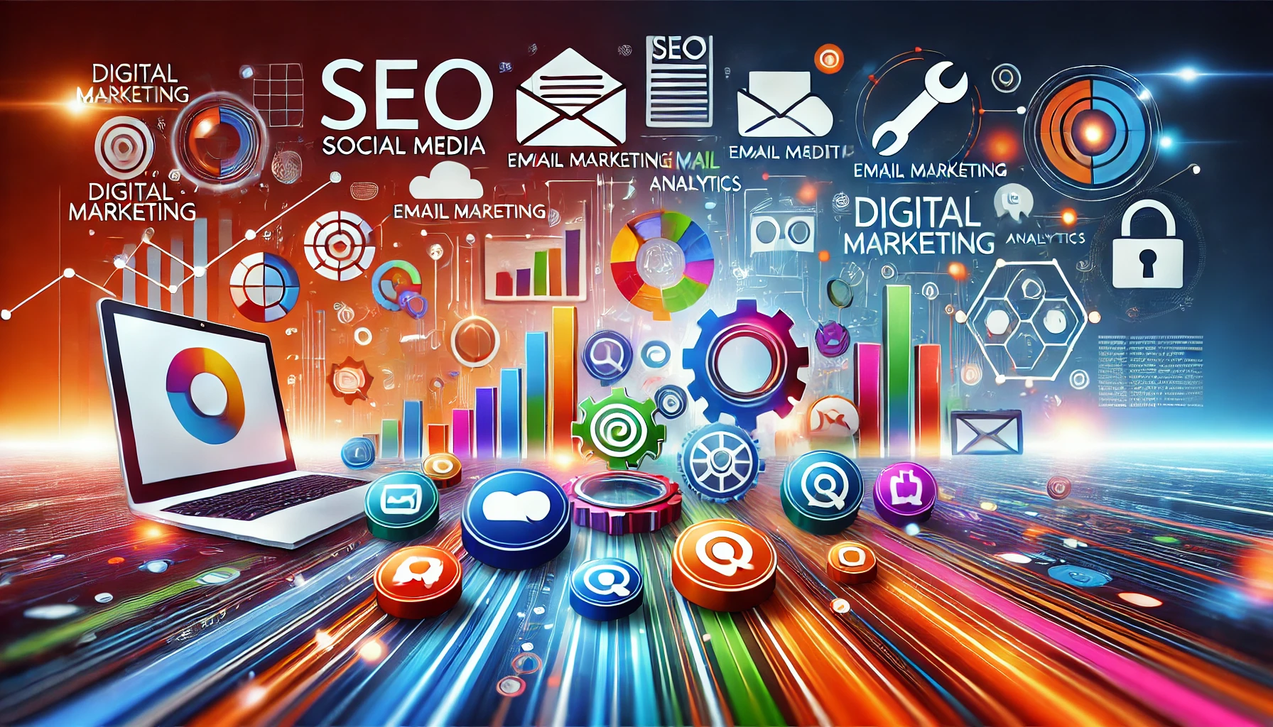 DALL·E 2024-10-14 11.49.02 – A vibrant and professional digital marketing scene, showcasing various online tools and strategies. The image should include abstract symbols represen