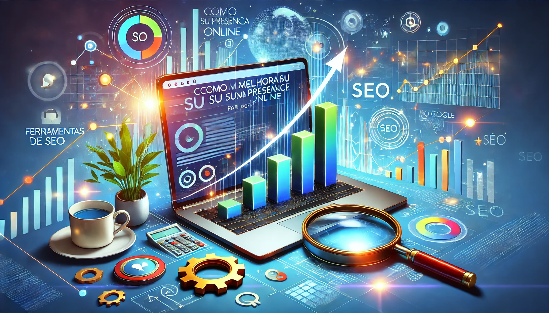 DALL·E 2024-10-14 12.02.26 – A vibrant, dynamic image representing the theme of improving online presence with SEO tools. The image should feature elements like a laptop screen di