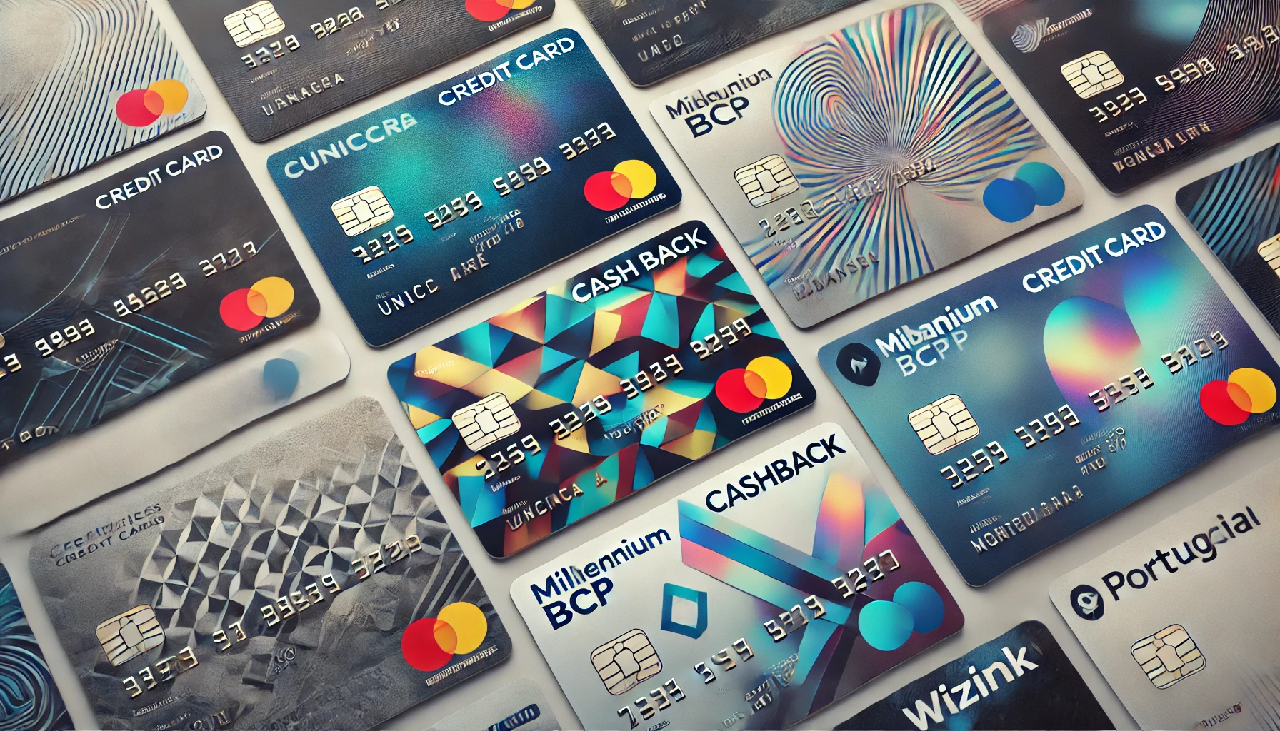 DALL·E 2024-10-14 14.47.29 – A sleek and modern collage of various Portuguese credit cards displayed horizontally. The image includes different designs of credit cards with a focu