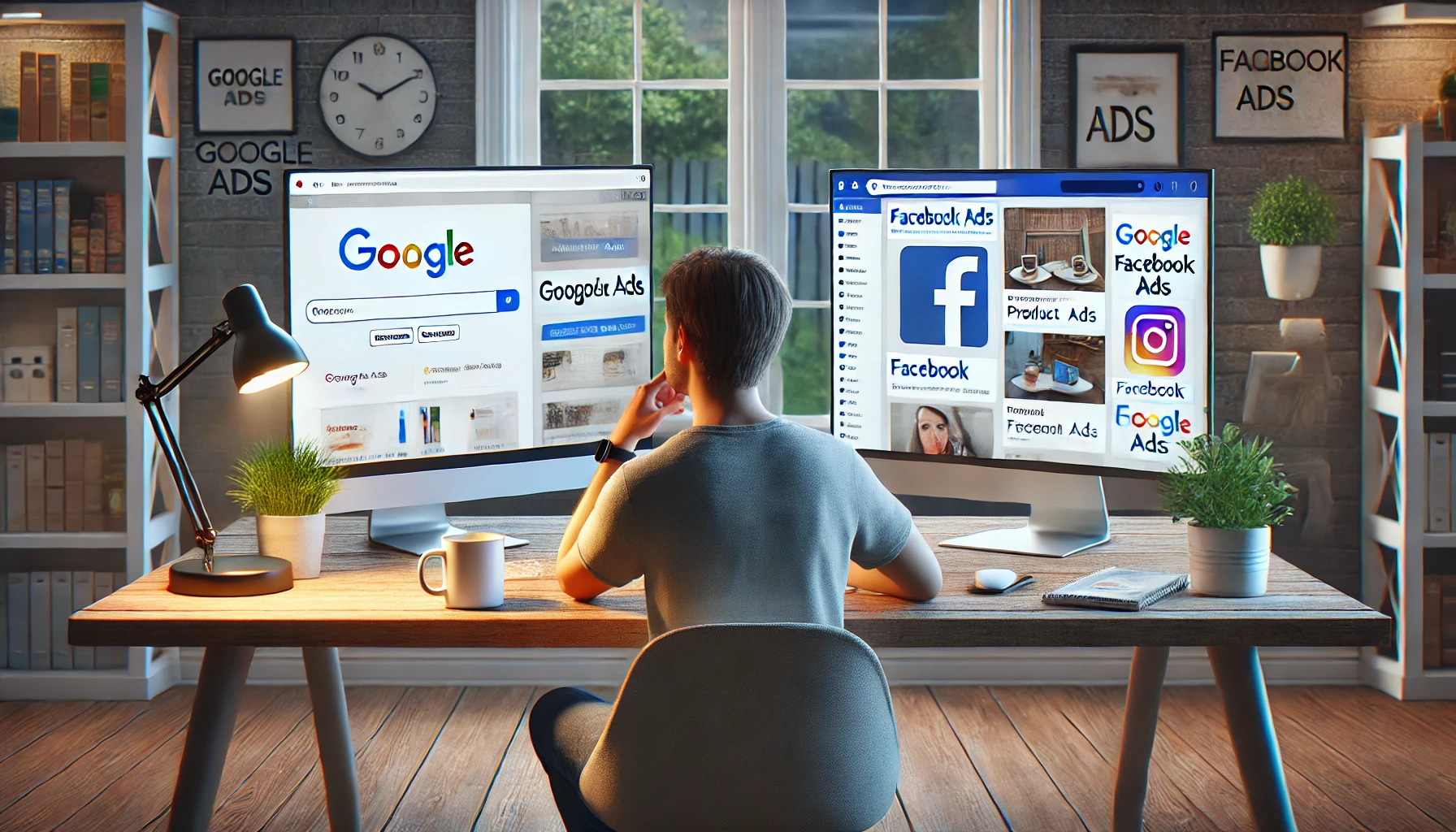 DALL·E 2024-10-15 09.50.15 – A real-life image illustrating the difference between Google Ads and Facebook Ads for affiliate marketing. The scene includes a person sitting at a de