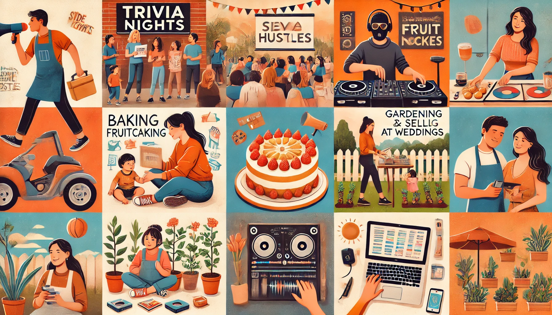 DALL·E 2024-10-15 15.22.37 – A collage of diverse side hustles that people use to earn extra income, such as trivia nights, baking fruitcakes, babysitting, gardening and selling p