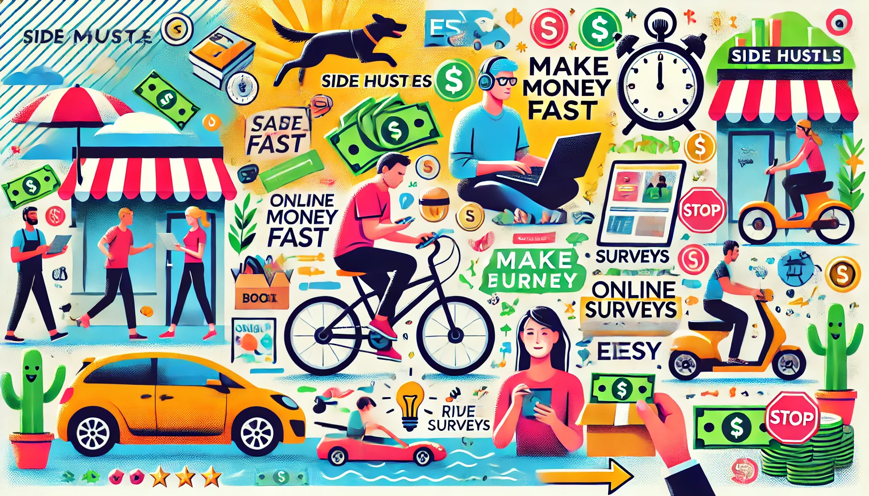 DALL·E 2024-10-15 17.19.13 – A fun and vibrant collage showcasing various side hustles to make money fast. The image includes visual elements like a person walking dogs, a blogger