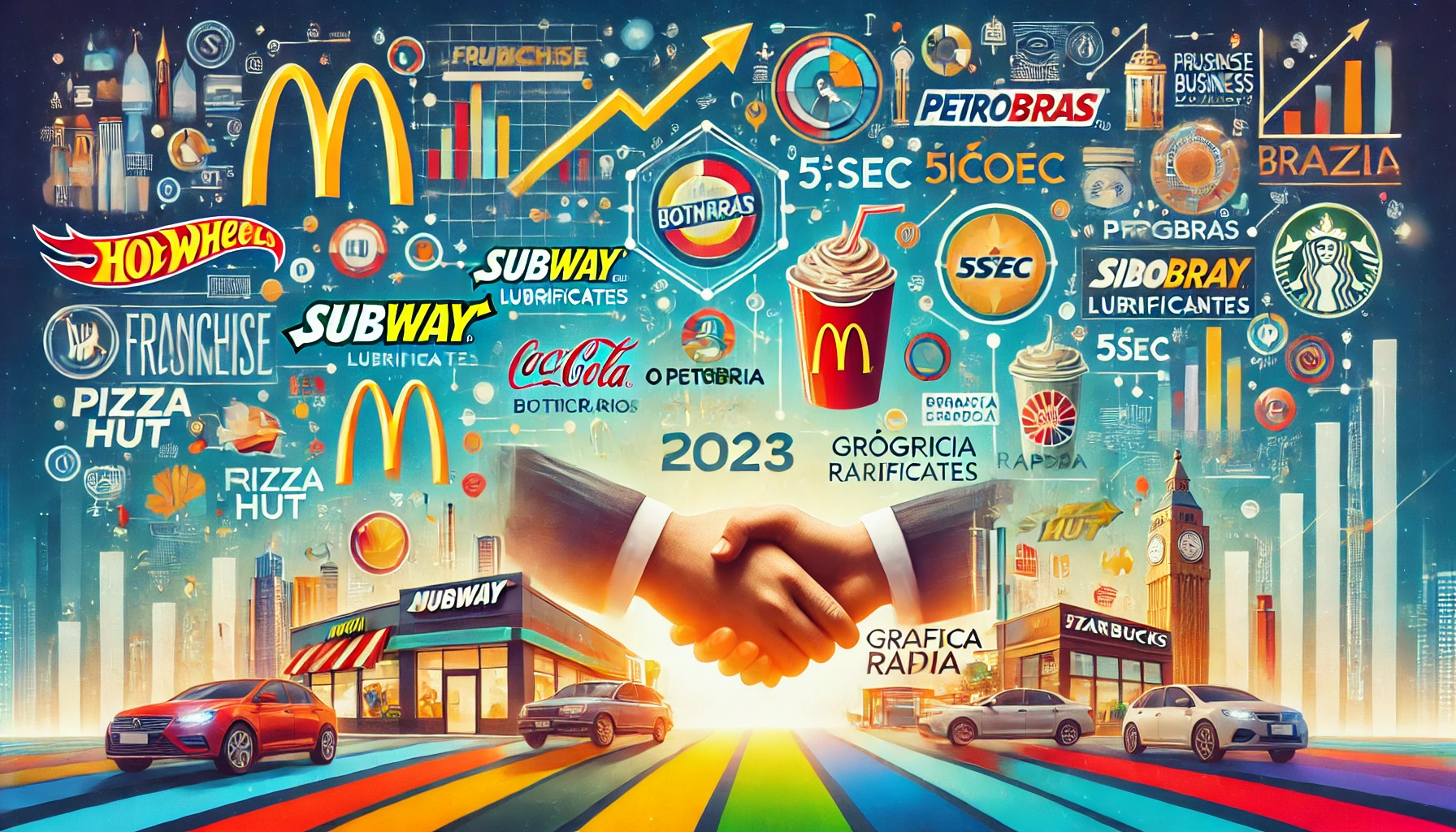 DALL·E 2024-10-17 17.41.42 – A dynamic visual representation of franchise business opportunities in Brazil for 2023, featuring a collage of icons representing popular franchise br