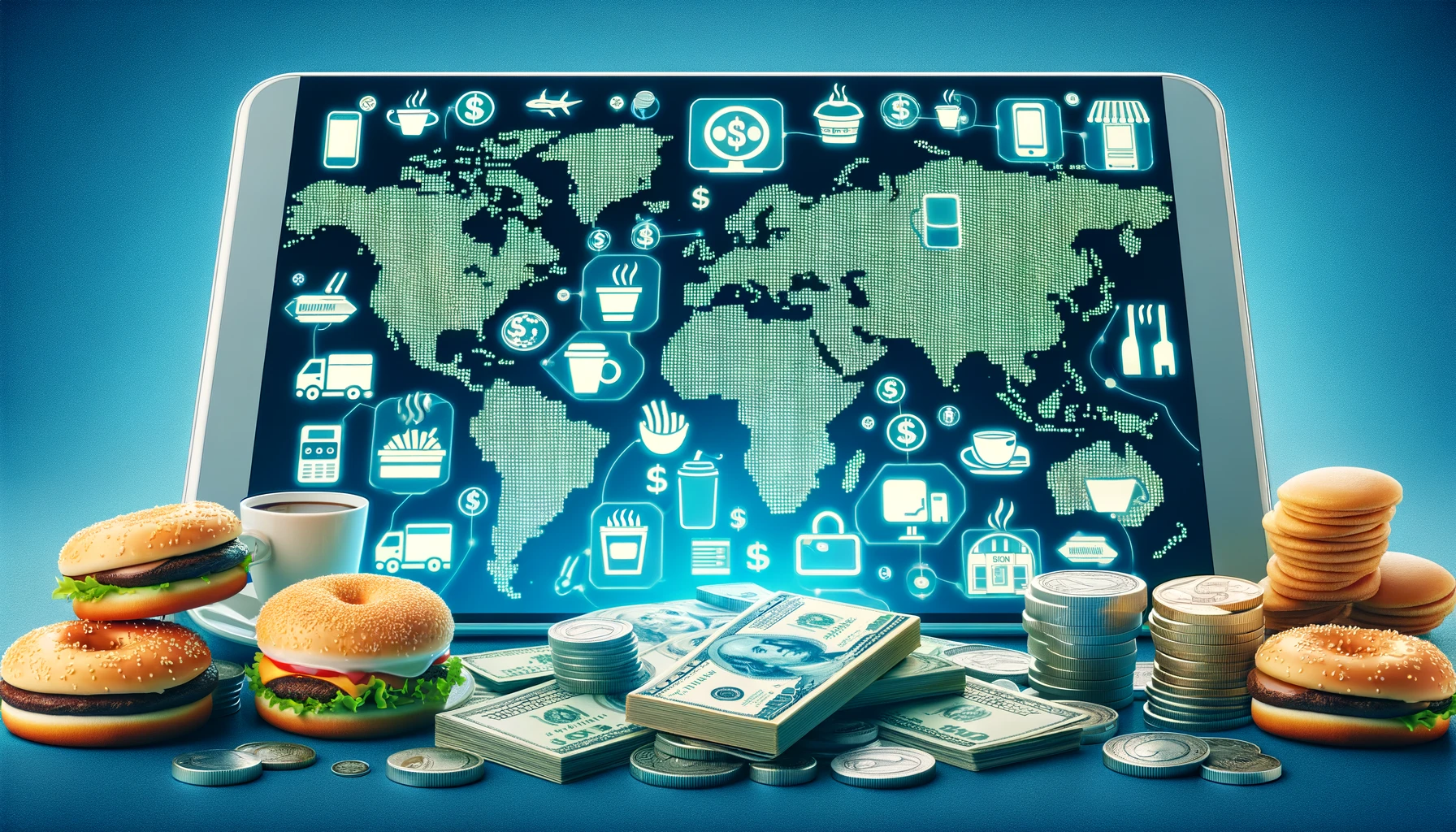 DALL·E 2024-10-17 17.55.39 – A rectangular image representing global franchises, featuring icons like fast-food chains (hamburgers, coffee cups, donuts) and convenience stores on