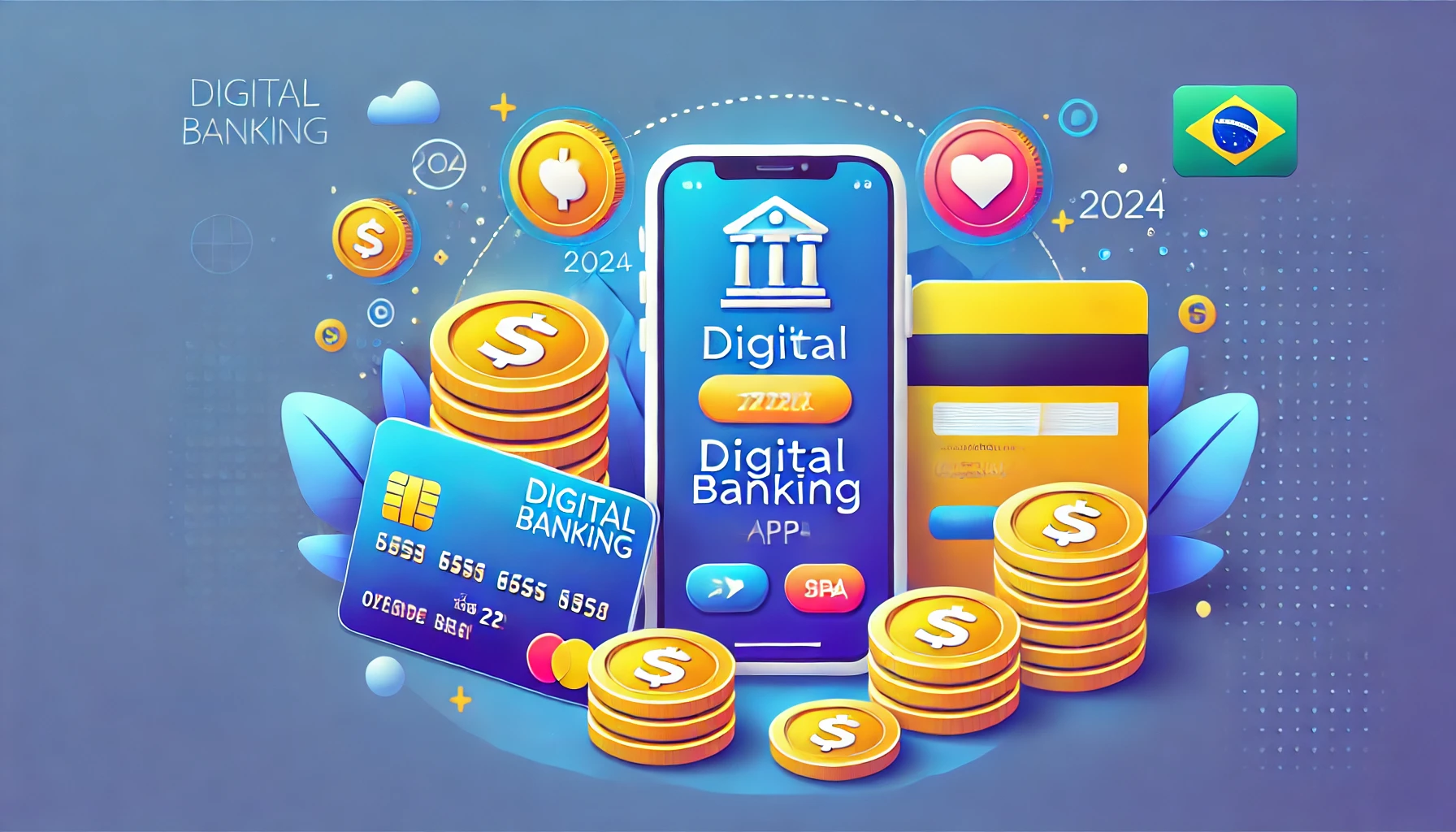 DALL·E 2024-10-21 11.53.13 – A modern illustration featuring various digital banking apps on a smartphone screen, surrounded by coins and a credit card, symbolizing the concept of