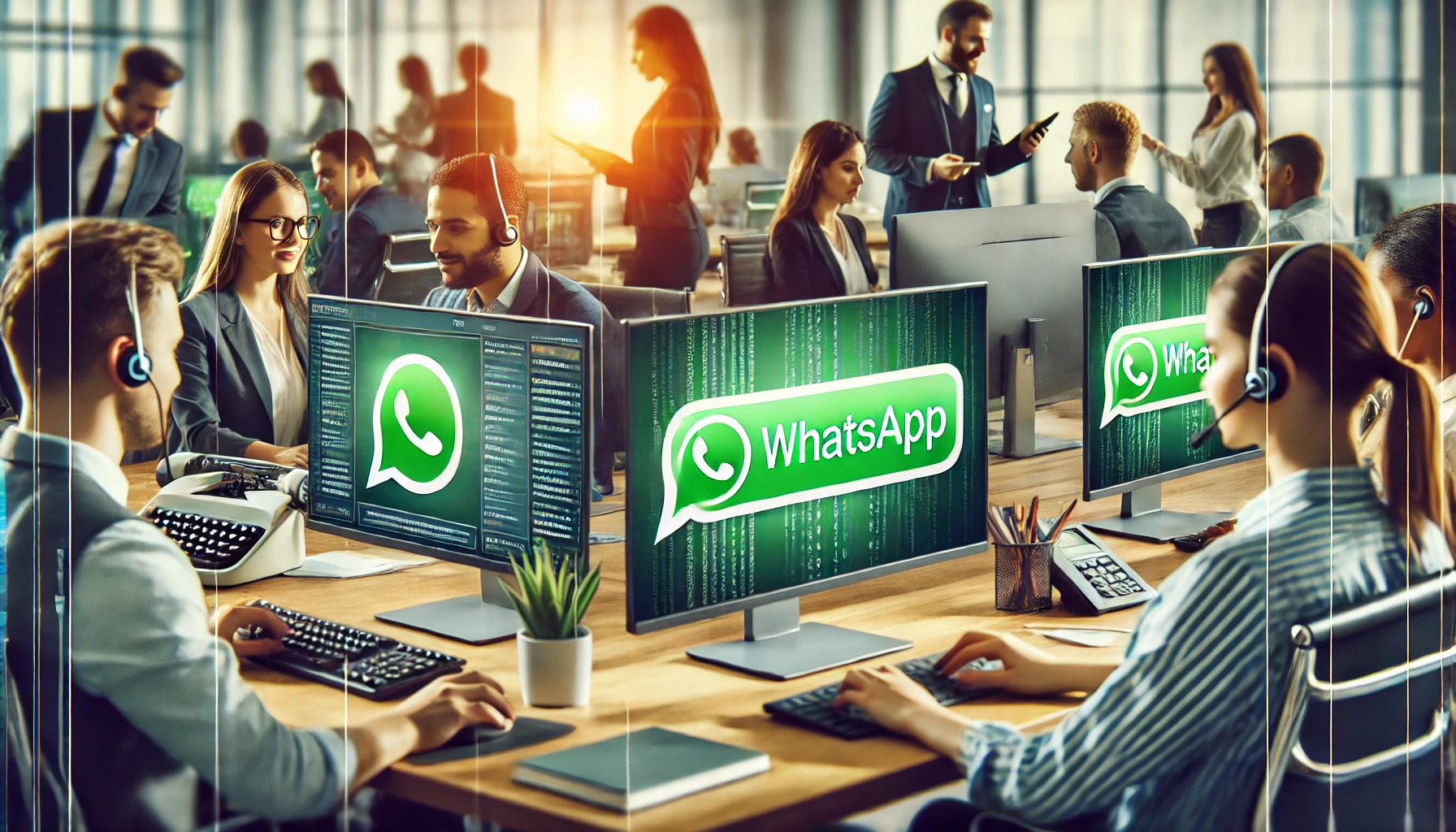 DALL·E 2024-10-22 09.41.07 – An office environment with a customer service team working on computers, with WhatsApp messages displayed on their screens. The atmosphere is collabor