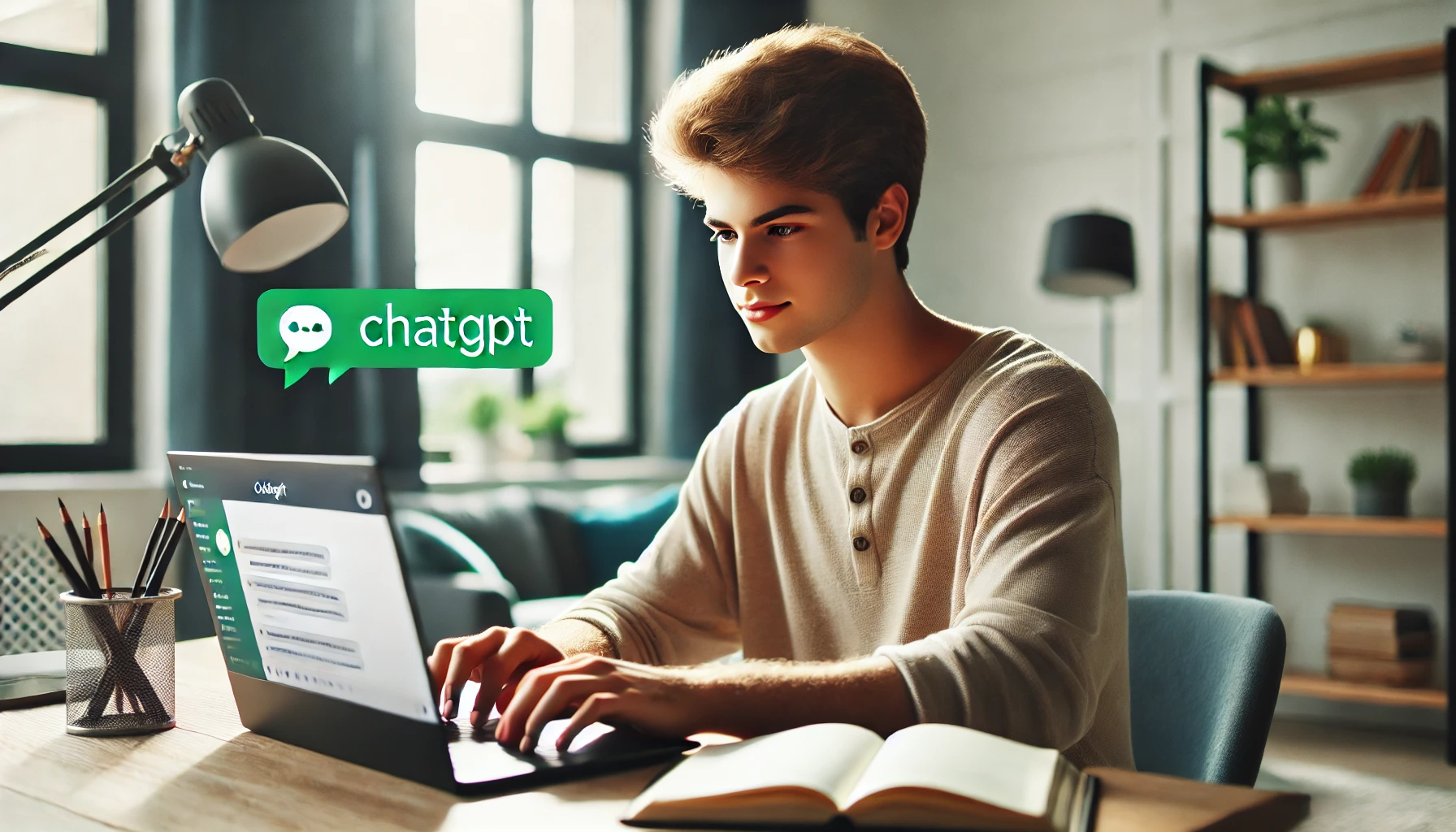 DALL·E 2024-10-24 11.57.36 – A young real person typing on the ChatGPT website. The person is sitting at a desk, with a focused expression, engaging with the ChatGPT interface on