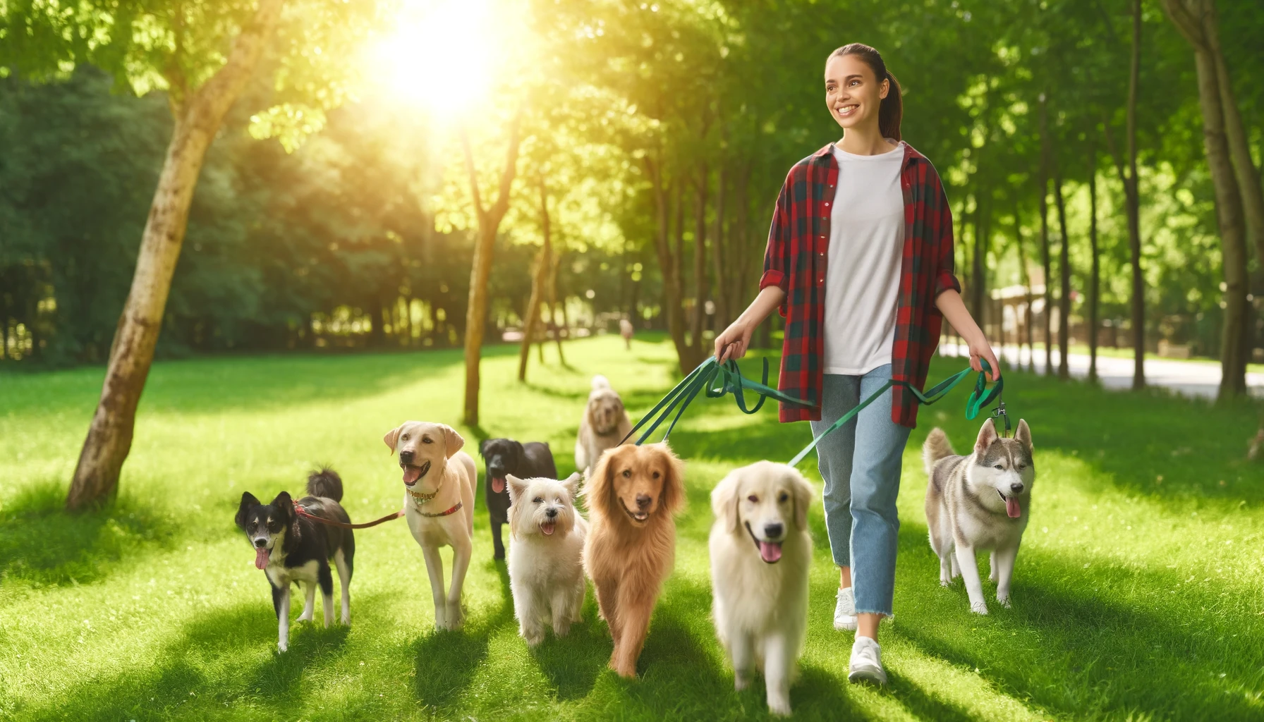 DALL·E 2024-10-25 13.39.05 – A friendly person walking several dogs in a green park, smiling and enjoying the outdoors, representing a dog walker side hustle. The scene is vibrant