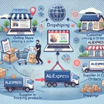 DALL·E 2024-10-29 09.49.32 – A comprehensive illustration of the dropshipping process using AliExpress, featuring an online store, customer placing an order, supplier in China shi