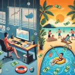 DALL·E 2024-10-29 13.32.07 – Uma ilustração conceitual mostrando ‘Renda Ativa e Renda Passiva’. Do lado esquerdo da imagem, uma pessoa está trabalhando em um escritório, sentado e