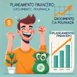 DALL·E 2024-10-31 16.09.18 – A person celebrating success in financial planning, with Portuguese text ‘Planejamento Financeiro_ Crescimento da Poupança’, showing happiness and exc