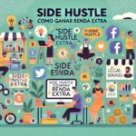 DALL·E 2024-11-02 19.16.09 – A visual representation of a ‘side hustle’ concept in Portuguese, showing people working on different activities such as freelancing, selling handmade