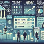 DALL·E 2024-11-03 14.05.37 – An illustration showing practical tips for choosing between Treasury Direct (Tesouro Direto) and Bank Deposit Certificates (CDB) based on investor pro