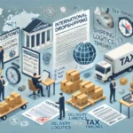 DALL·E 2024-11-03 14.08.45 – An illustration showing the legal and logistical aspects of international dropshipping. The scene includes elements such as customs regulations, legal