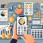 Planejamento Financeiro Pessoal: Dicas para Sair do Vermelho DALL·E 2024-11-03 14.14.48 – An illustration showcasing practical financial education tools for managing money. The scene includes a person using financial apps on a smartphone, b