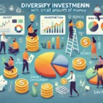 DALL·E 2024-11-03 14.27.51 – An illustration showing how to diversify investments with small amounts of money. The scene includes people analyzing financial options, with symbols
