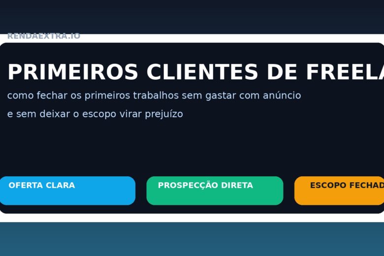 Ilustração sobre conseguir os primeiros clientes de freela com oferta clara, prospecção direta e escopo fechado