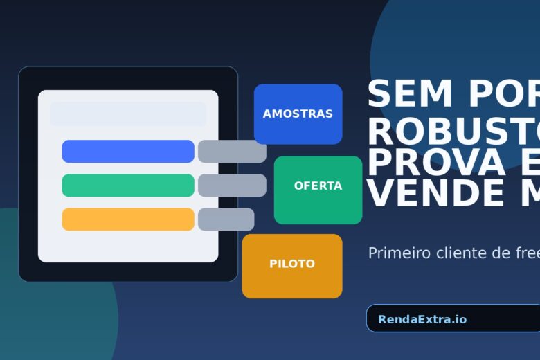 Ilustração editorial de freelancer organizando amostras e uma oferta enxuta para conquistar o primeiro cliente de freela remoto