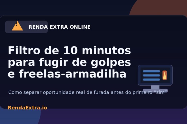 Ilustração de notebook com alertas de risco para avaliar vaga remota ou freela online