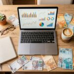 Mesa com laptop e dinheiro real brasileiro representando renda extra online em 2026