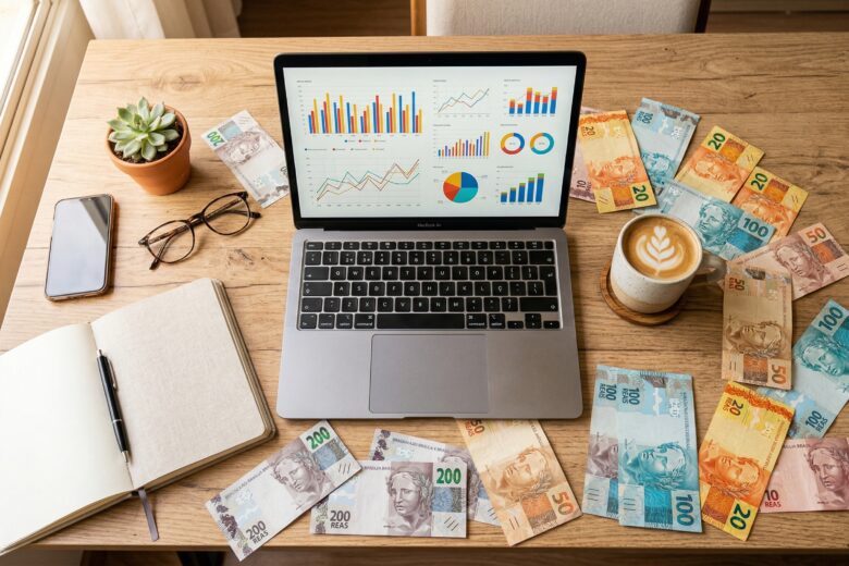 Mesa com laptop e dinheiro real brasileiro representando renda extra online em 2026