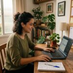 Freelancer trabalhando em home office com laptop, calendário e anotações para organizar renda extra