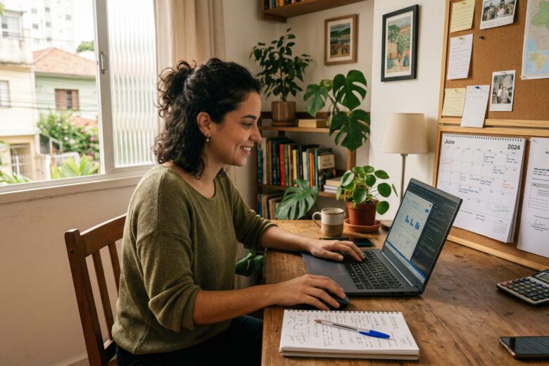 Freelancer trabalhando em home office com laptop, calendário e anotações para organizar renda extra