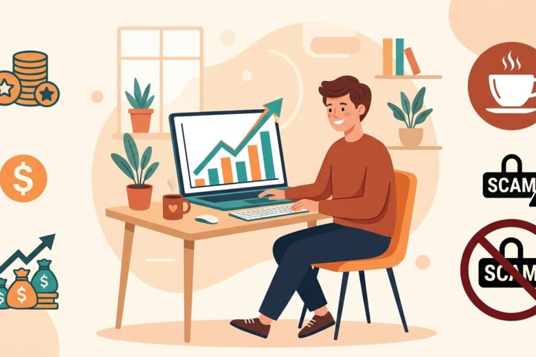 Pessoa trabalhando no laptop com gráfico de crescimento